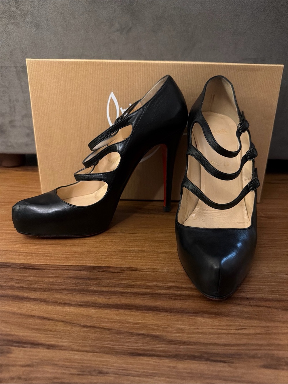 Christian Louboutin Lillian 120 Black Nappa Triple-Strap Mary Jane Heels 38.5